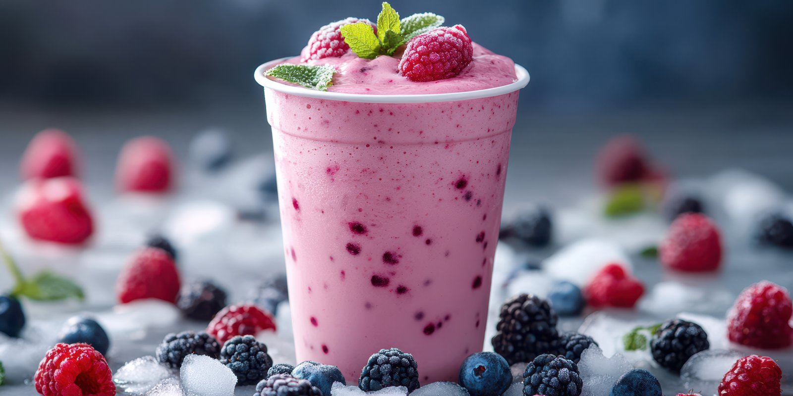 Refreshing berry smoothie in a cup surrounded by fresh fruit on a cool surface